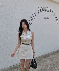 ミニワンピース 【ベルト付き】ステッチボタンミニワンピース BEIGE