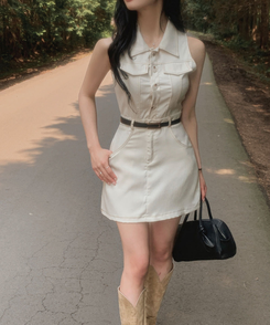 ミニワンピース 【ベルト付き】ステッチボタンミニワンピース BEIGE