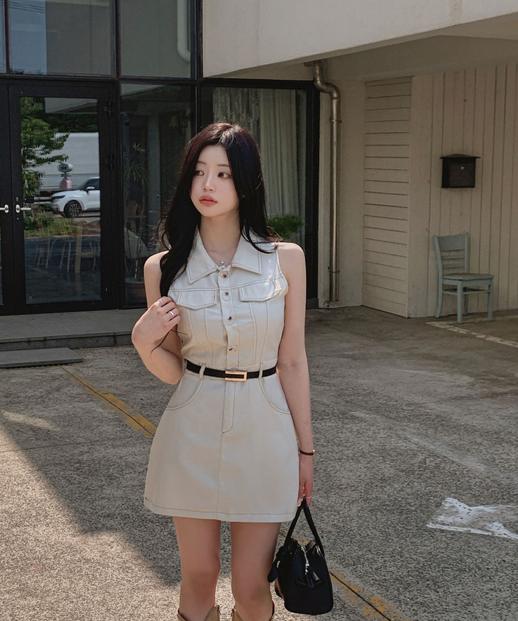 【ベルト付き】ステッチボタンミニワンピース BEIGE