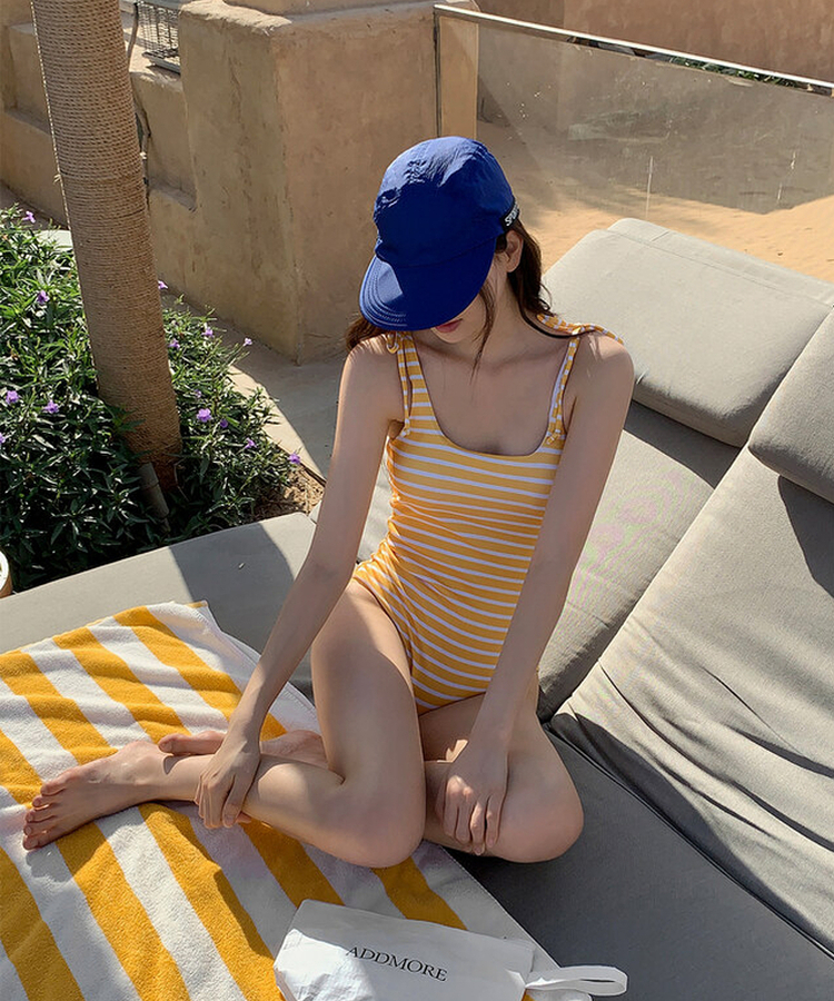 【カップ付き】ルネストライプモノキニ IVORY+YELLOW(ST)