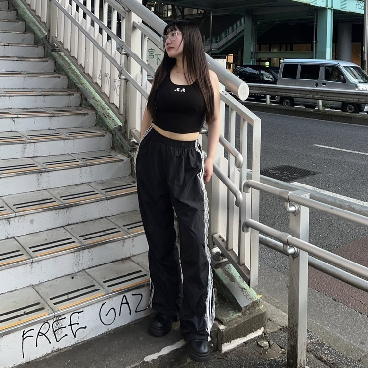レースラインナイロンジョガーパンツ BLACK