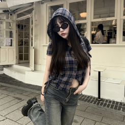 シャツ チェックフーディーシャツ NAVY