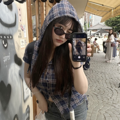 シャツ チェックフーディーシャツ NAVY