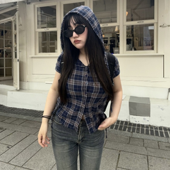 シャツ チェックフーディーシャツ NAVY