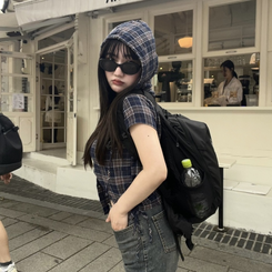 シャツ チェックフーディーシャツ NAVY