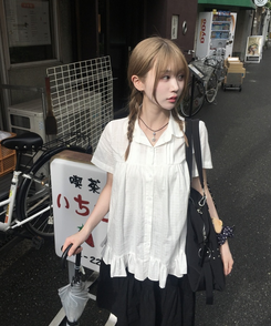ブラウス クルーネックフリルブラウス WHITE