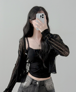 【カップ付き】レースボタンキャミソール BLACK