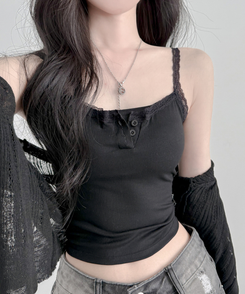 【カップ付き】レースボタンキャミソール BLACK