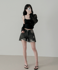 【カップ付き】レースボタンキャミソール BLACK