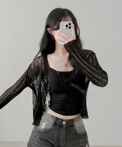 【カップ付き】レースボタンキャミソール BLACK