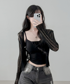 【カップ付き】レースボタンキャミソール BLACK