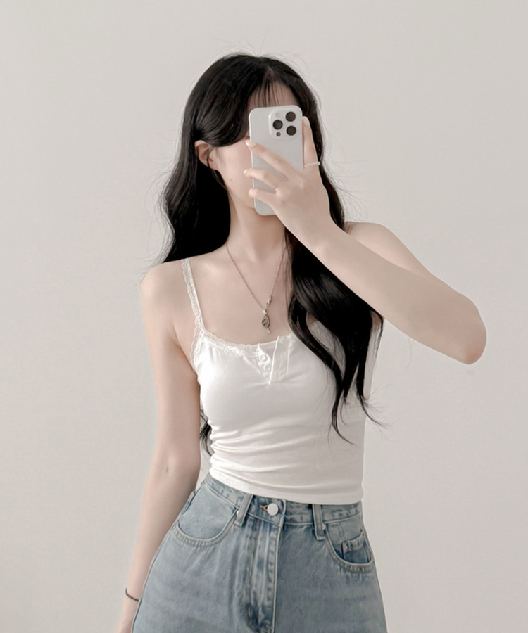 【カップ付き】レースボタンキャミソール WHITE