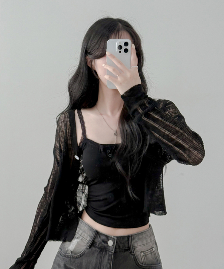 【カップ付き】レースボタンキャミソール BLACK