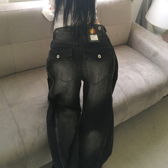 デニム ボタンウォッシングデニムワイドパンツ BLACK