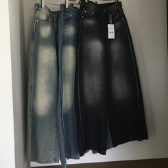 デニム ボタンウォッシングデニムワイドパンツ