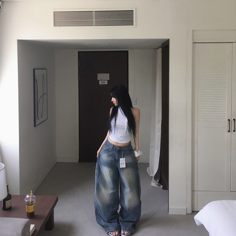 ボタンウォッシングデニムワイドパンツ BLUE