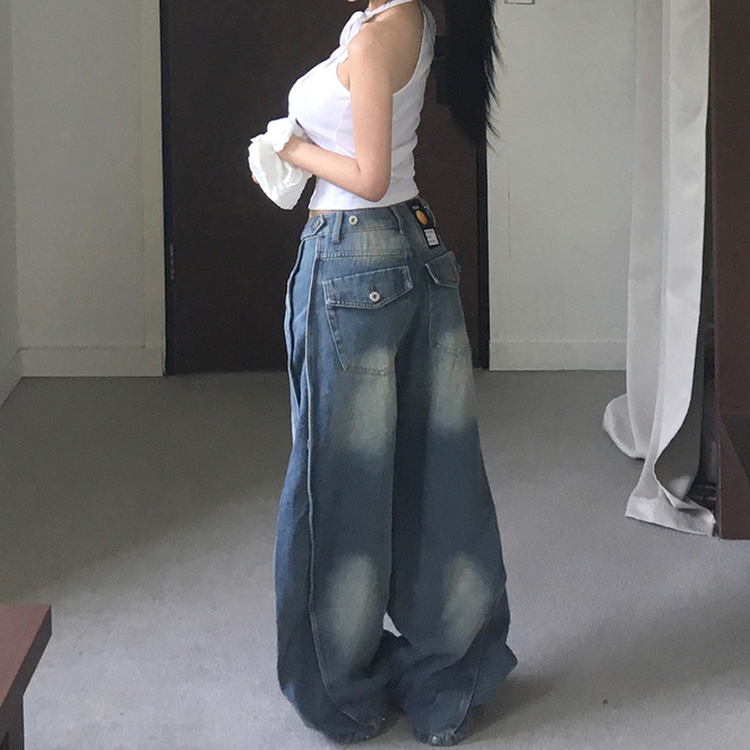 ボタンウォッシングデニムワイドパンツ BLUE
