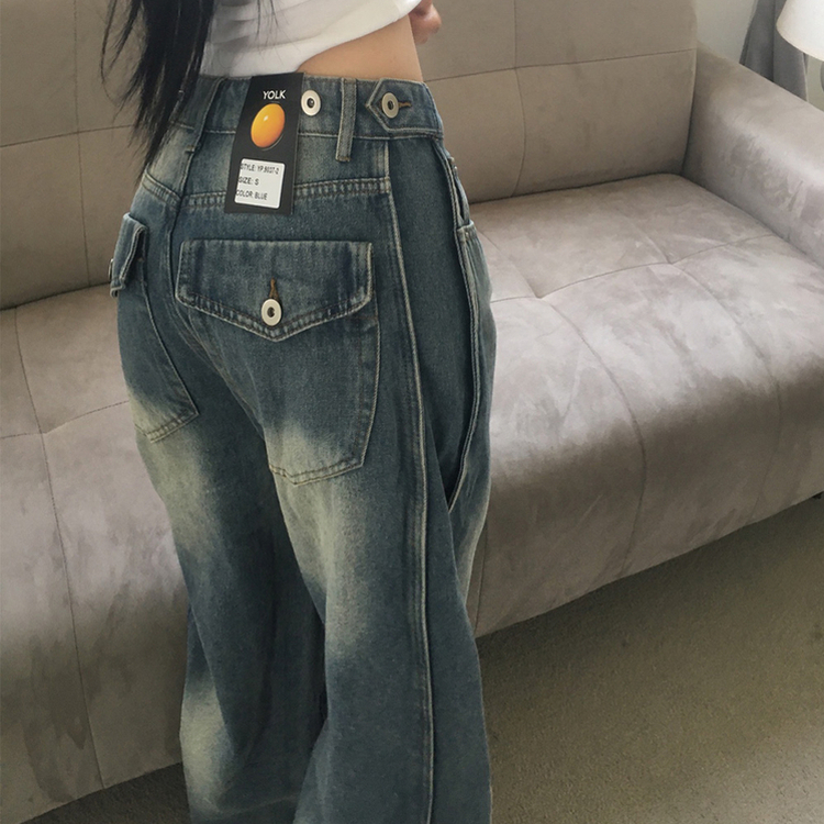 ボタンウォッシングデニムワイドパンツ BLUE