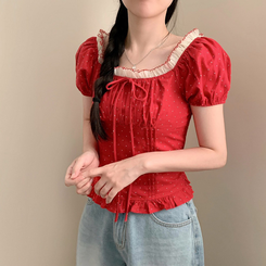 ブラウス ドットレース半袖ブラウス RED