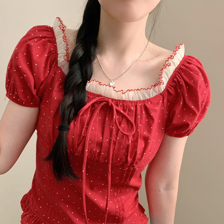 ドットレース半袖ブラウス RED