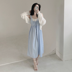 【SET】【カップ付き】レースリボンビスチェロングワンピース SKY BLUE