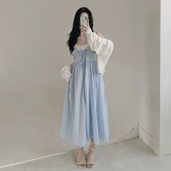【SET】【カップ付き】レースリボンビスチェロングワンピース SKY BLUE