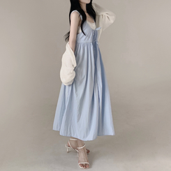 【SET】【カップ付き】レースリボンビスチェロングワンピース SKY BLUE
