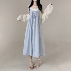 【SET】【カップ付き】レースリボンビスチェロングワンピース SKY BLUE
