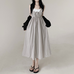 【SET】【カップ付き】レースリボンビスチェロングワンピース GREY