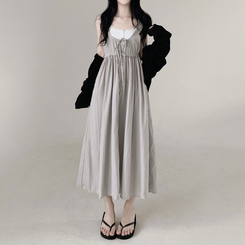 【SET】【カップ付き】レースリボンビスチェロングワンピース GREY