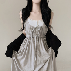 【SET】【カップ付き】レースリボンビスチェロングワンピース GREY