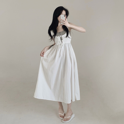 【SET】【カップ付き】レースリボンビスチェロングワンピース IVORY