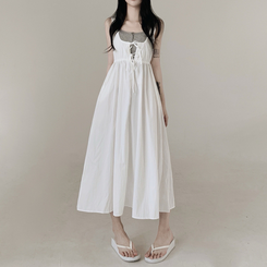 【SET】【カップ付き】レースリボンビスチェロングワンピース IVORY