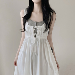 【SET】【カップ付き】レースリボンビスチェロングワンピース IVORY