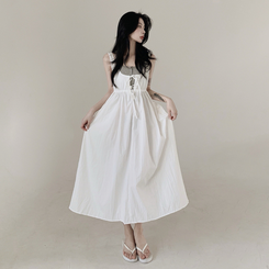 【SET】【カップ付き】レースリボンビスチェロングワンピース IVORY