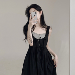 【SET】【カップ付き】レースリボンビスチェロングワンピース BLACK