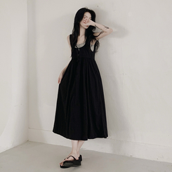 【SET】【カップ付き】レースリボンビスチェロングワンピース BLACK