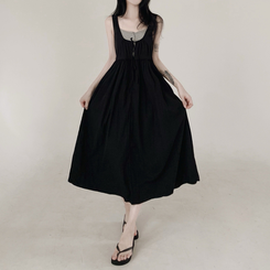【SET】【カップ付き】レースリボンビスチェロングワンピース BLACK