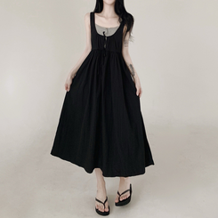 【SET】【カップ付き】レースリボンビスチェロングワンピース BLACK