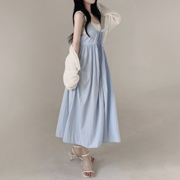 【SET】【カップ付き】レースリボンビスチェロングワンピース SKY BLUE