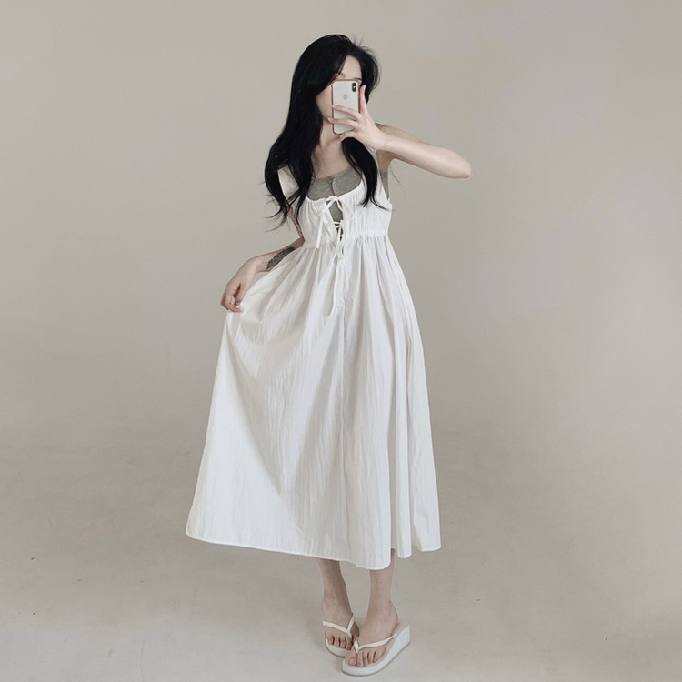 【SET】【カップ付き】レースリボンビスチェロングワンピース IVORY