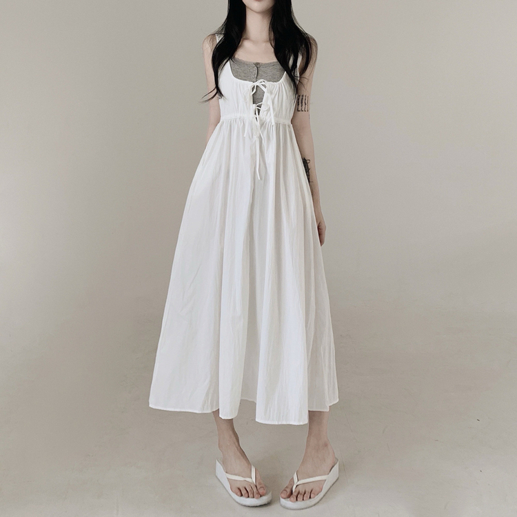 【SET】【カップ付き】レースリボンビスチェロングワンピース IVORY