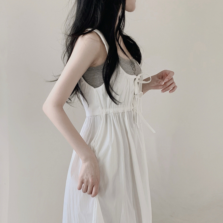 【SET】【カップ付き】レースリボンビスチェロングワンピース IVORY