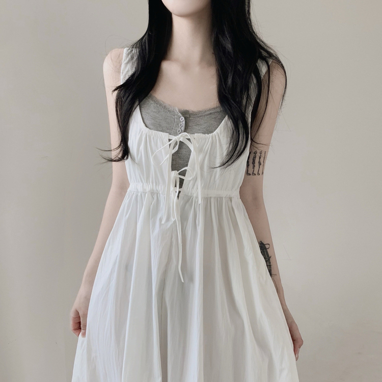 【SET】【カップ付き】レースリボンビスチェロングワンピース IVORY