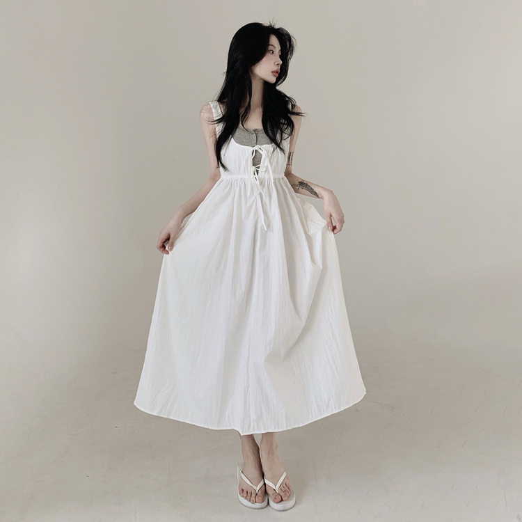 【SET】【カップ付き】レースリボンビスチェロングワンピース IVORY