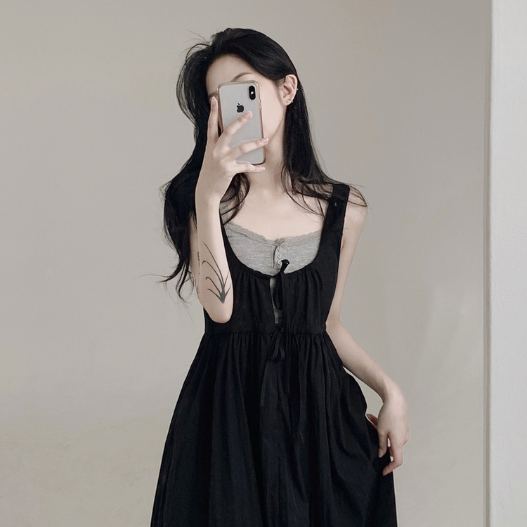 【SET】【カップ付き】レースリボンビスチェロングワンピース BLACK