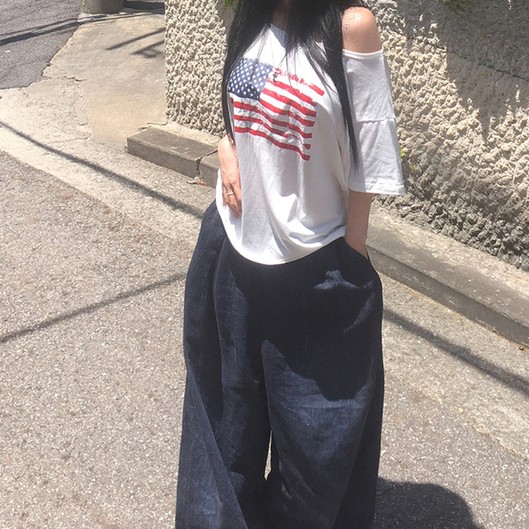 アメリカンワンオフショルダー半袖Tシャツ IVORY