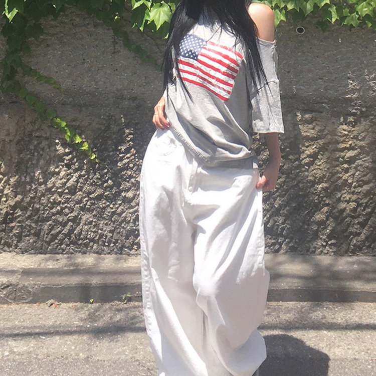 アメリカンワンオフショルダー半袖Tシャツ MERANGE GRAY