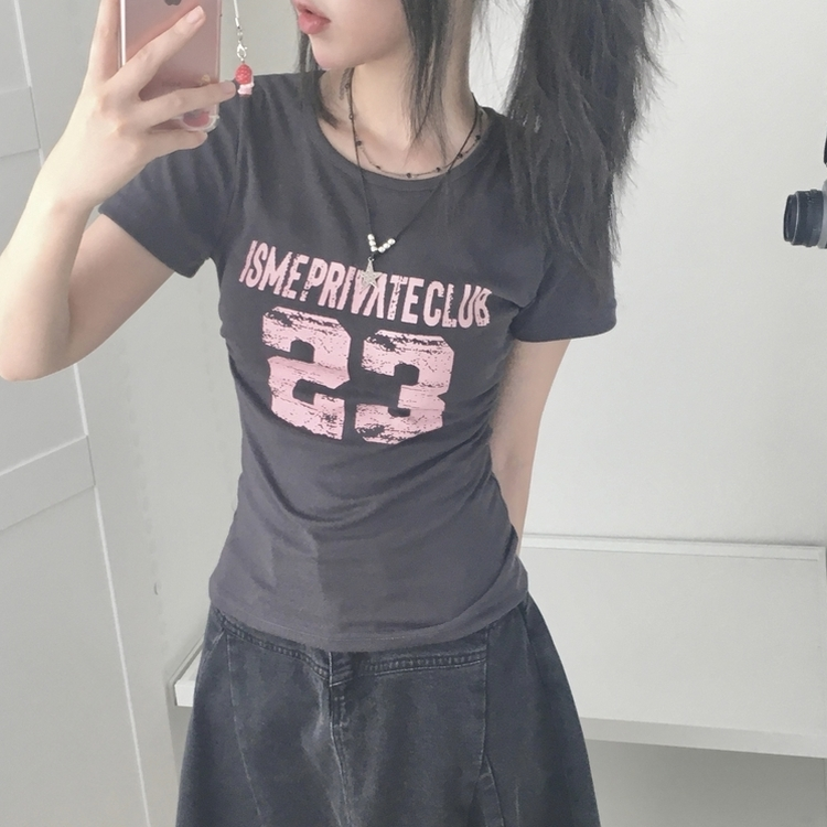 허리잘록 옆셔링 빈티지 23 넘버 레터링 유넥 슬림핏 반팔티셔츠 먹색