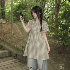 ミニワンピース チェックボタンミニワンピース KHAKI